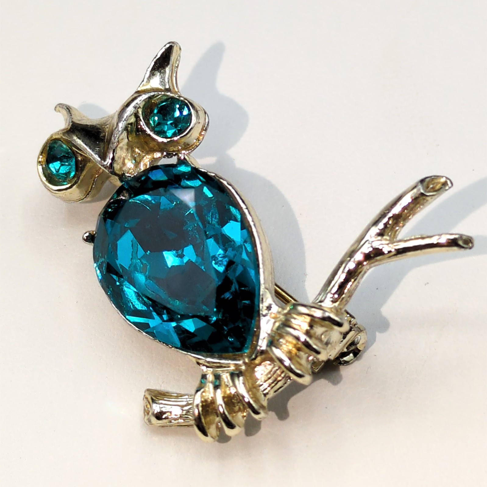 Brooch Pin Vintage Cerulean Blue Rhinestone Owl Bird Branch Animal Dodds Signed