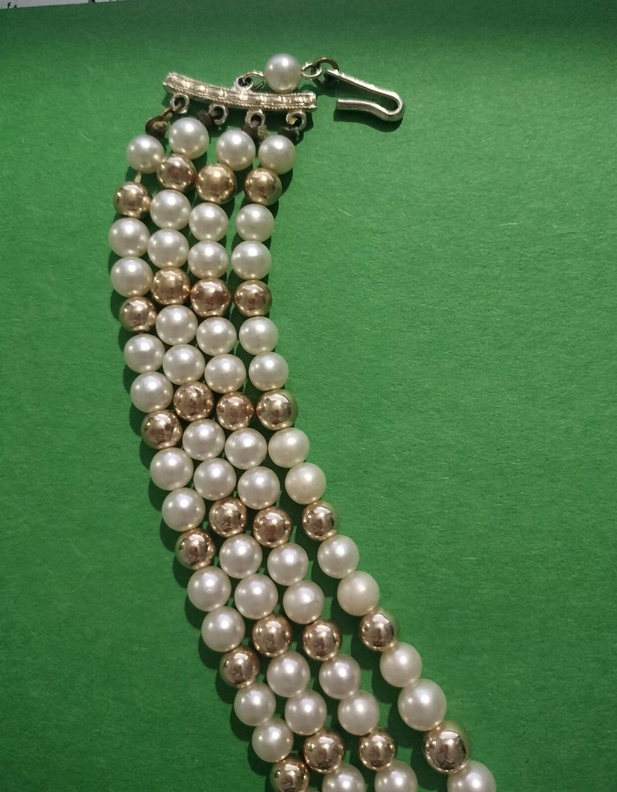 Vintage Multi Strand Faux Pearl Necklace White Gold Tone Decorative Hook Clasp 1