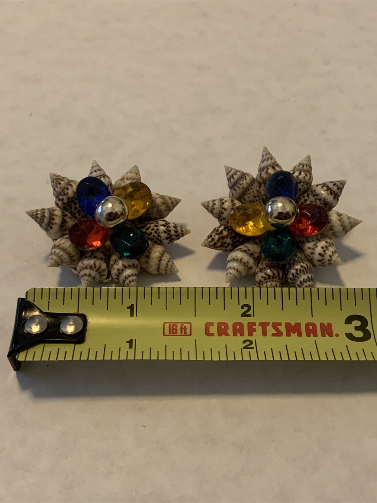Vintage SHELL Multicolor Rhinestone Cluster Starburst Art Earrings Beach Clip