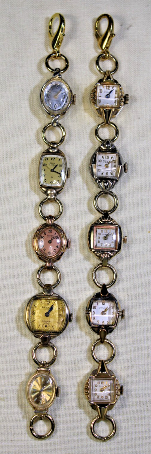 LOT OF 2 VINTAGE RETRO LADIES WATCH BRACELETS 8″ ELGIN GRUEN BULOVA WORKING