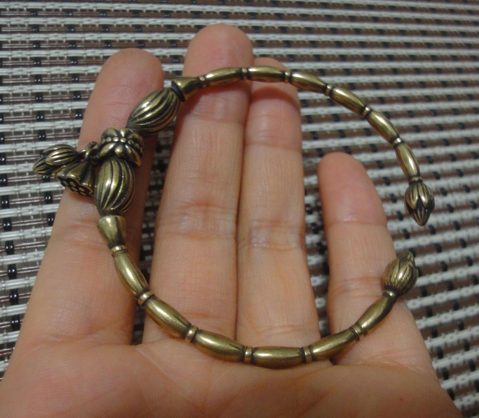 Vintage Knick Knacks Solid Brass Lotus Flower and Seed Dangle Bracelet Bangle