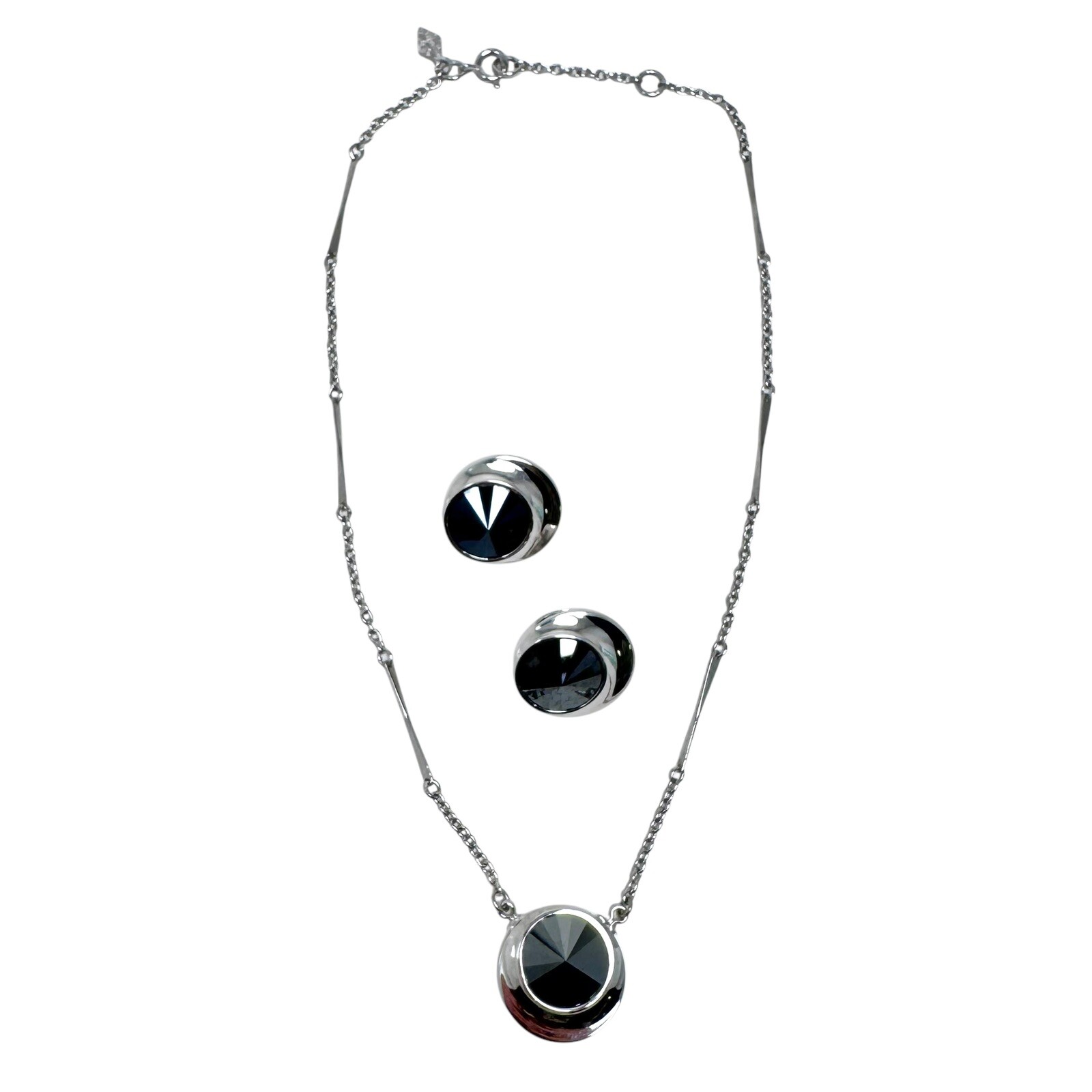 Vintage Sarah Coventry Silver Tone Faux Hematite Rivoli Necklace Clip Earrings