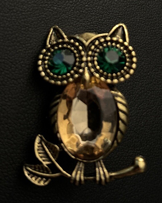 Antique Gold Tone Owl Brooch Rhinestone Green Eyes Yellow Belly Boxed As Gift