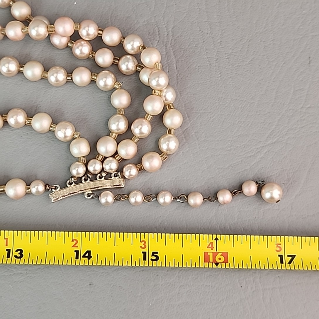 Vintage Faux Pearl Beaded Necklace Cream Pink Acrylic AB Yellow Glass Japan 16″