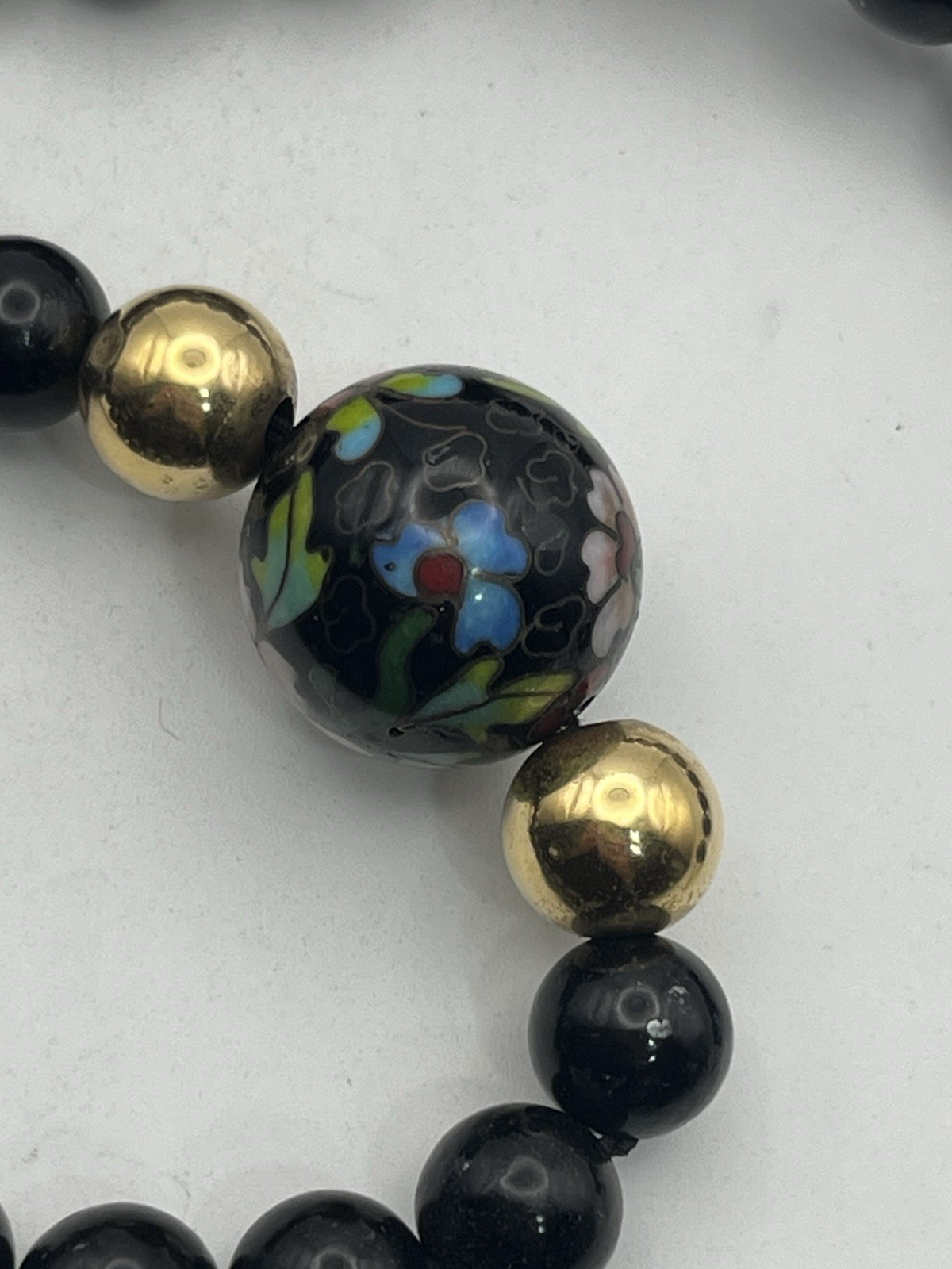 Gold filled Chinese cloisonné flower beaded black vintage necklace