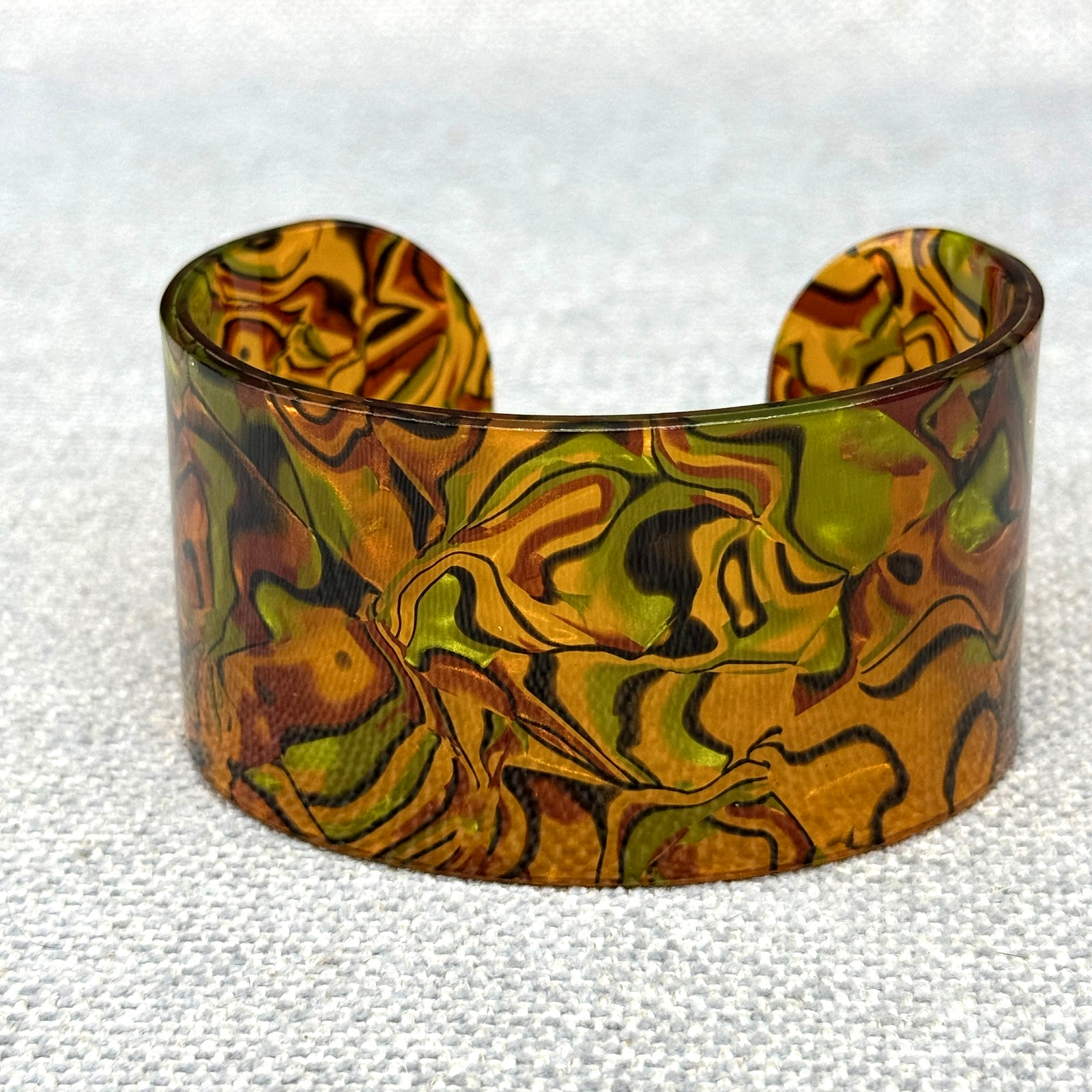 Lucite Cuff Bracelet Rust Green Brown Swirl Mid Mod Size 6.25