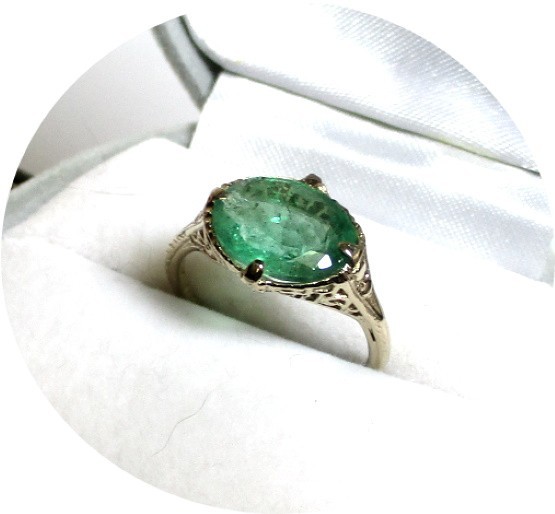 EMERALD Ring- Natural – Art Deco 14k Yellow Gold Filigree Mtg. – Certifcate..