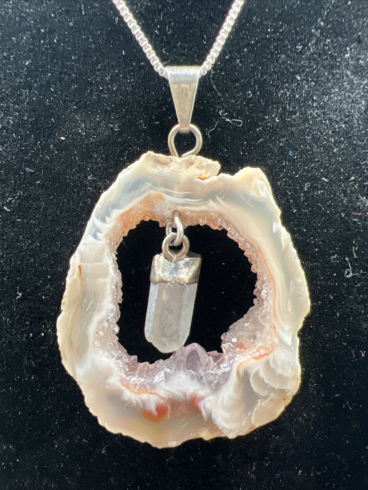 Vintage Druzy Quartz Sliced Pendant On 20″ Sterling Box Chain 10.9 Grams