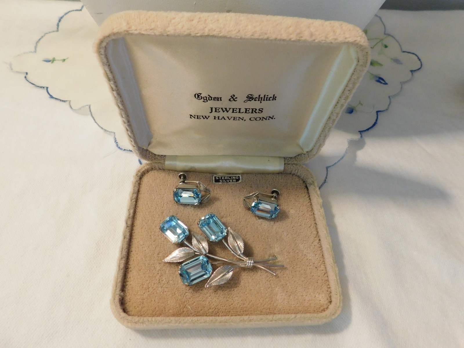 Sterling Silver Blue Crystal Rhinestone Flower Brooch and Earrings Vintage Set