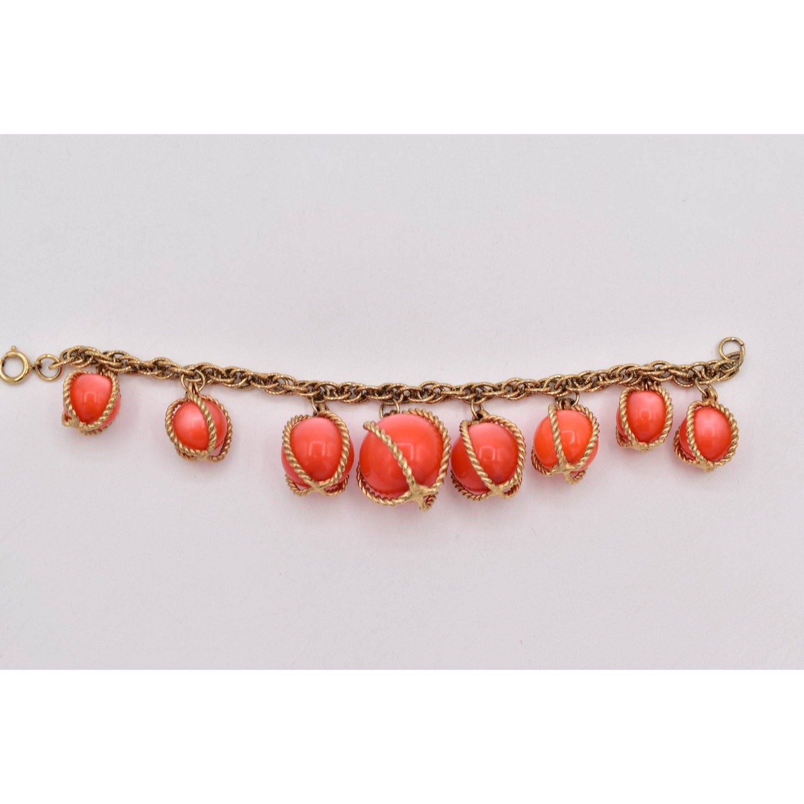 Vintage Ornament Caged Ball Beaded Chain Bracelet Charm Gold Chunky 1970s BinAW