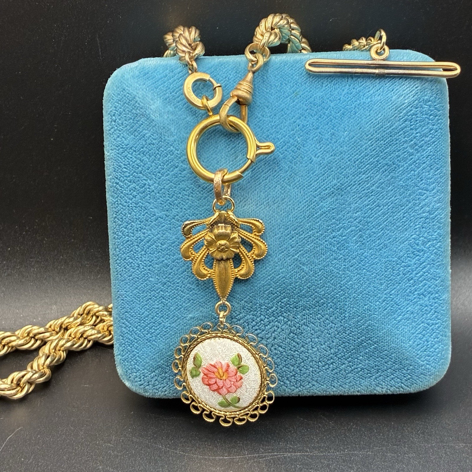 30g Vintage 12k Gold Filled Pocket Watch Chain FOB, Dog Clip T-Bar, GF Guilloche