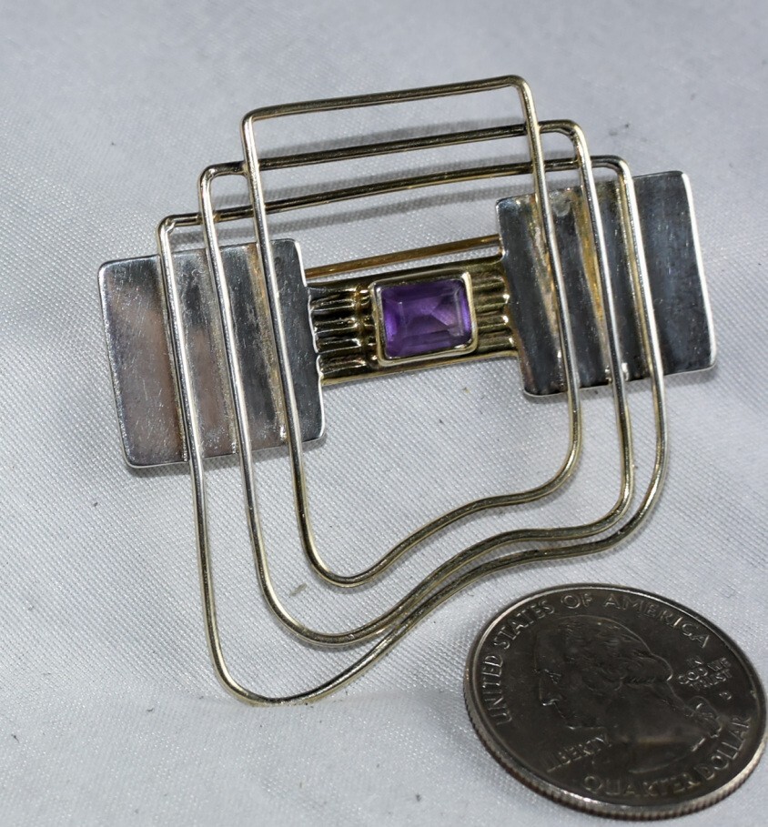 Vtg Signed YES Studio Poland Sterling Silver Amethyst Large Modern Pin & Pendant