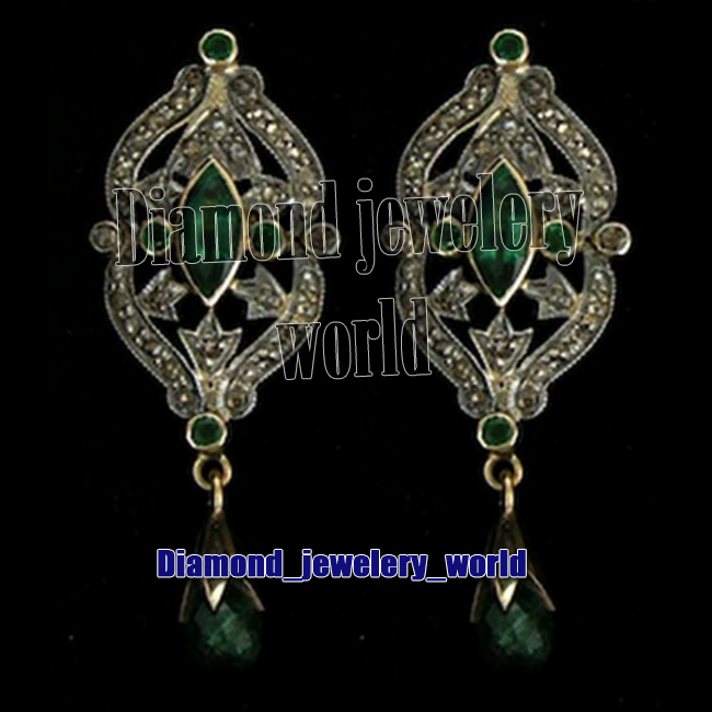 2.05ctw Rose Cut Diamond Emerald Studded Silver Vintage Gorgeous Earring Jewelry