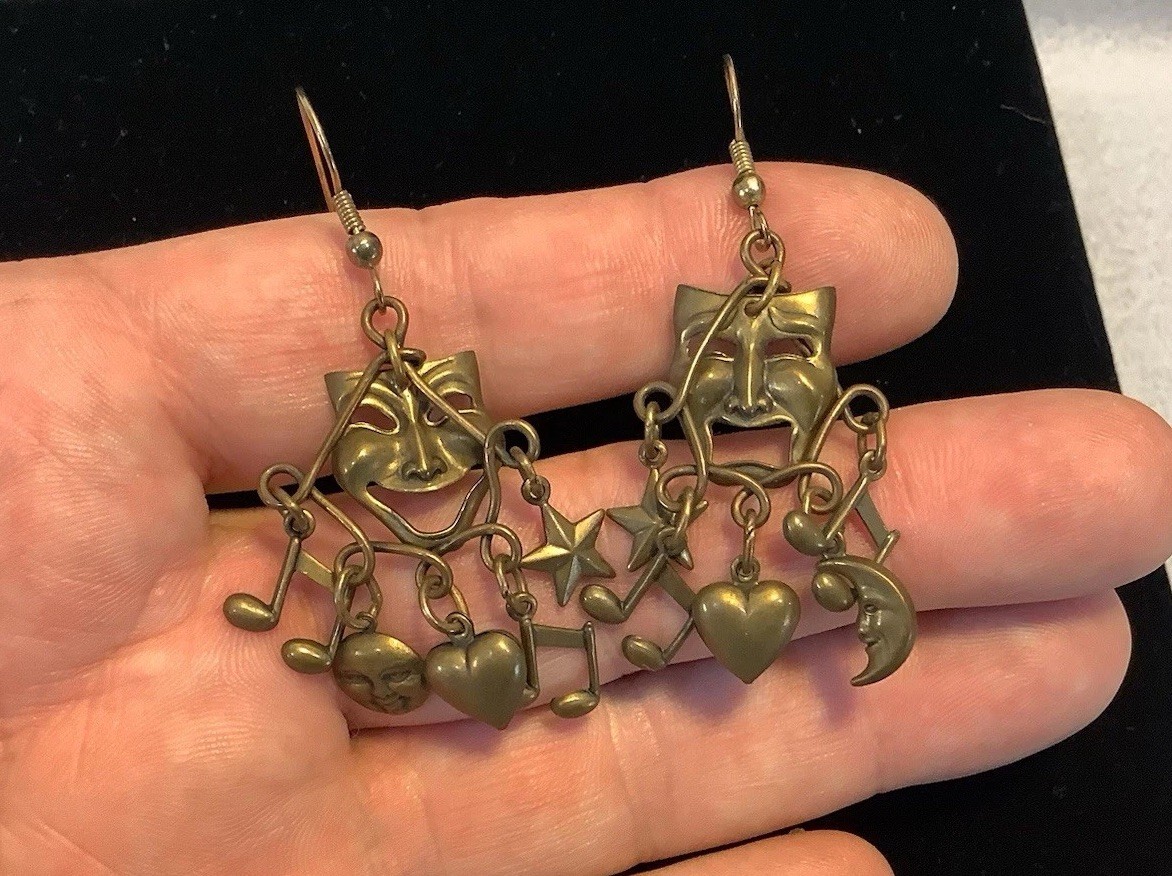 Lrg Vintage Dangle Earrings Theatre Drama Comedy & Tragedy Mask Unknown Designer