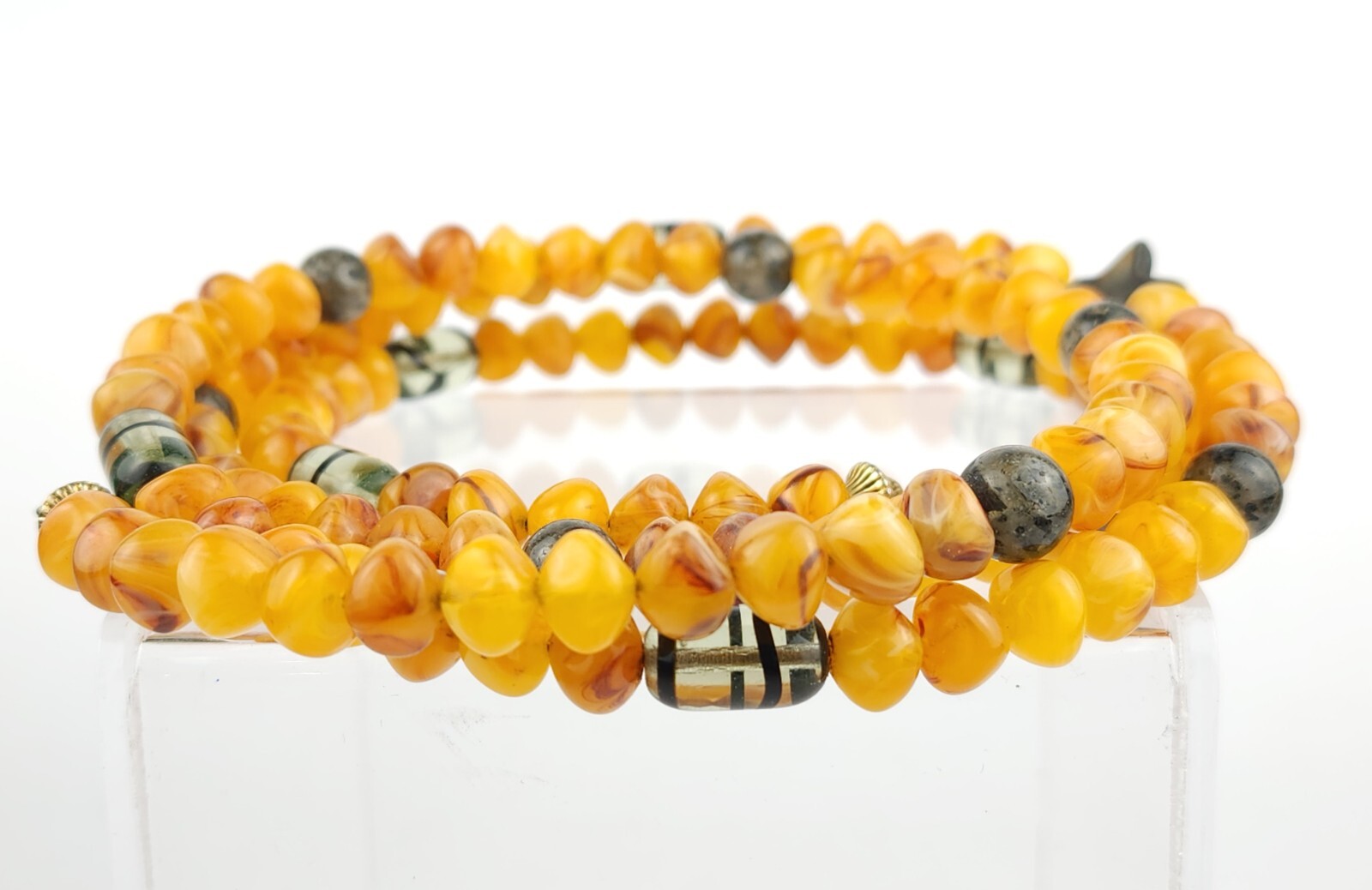 Vintage Amber Tone Memory Wire Choker Necklace Fluorescent Glass & Gemstones 56g