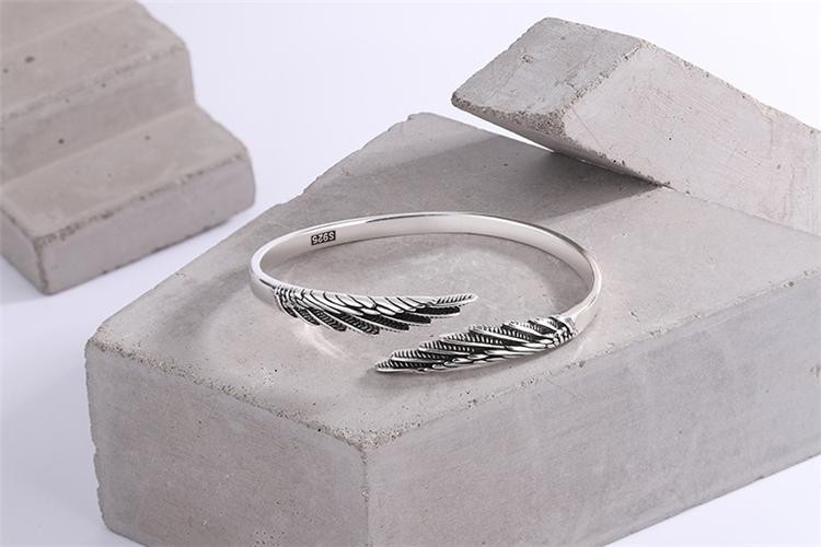 Retro Feather 925 Sterling Silver Open Bracelet, Thai Style Trendy Wings Design