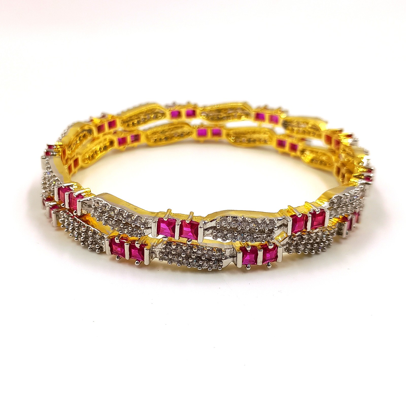 Designer Ruby & Cubic Zirconia Bangle Set Handmade 22K Gold Plated Ethnic Style