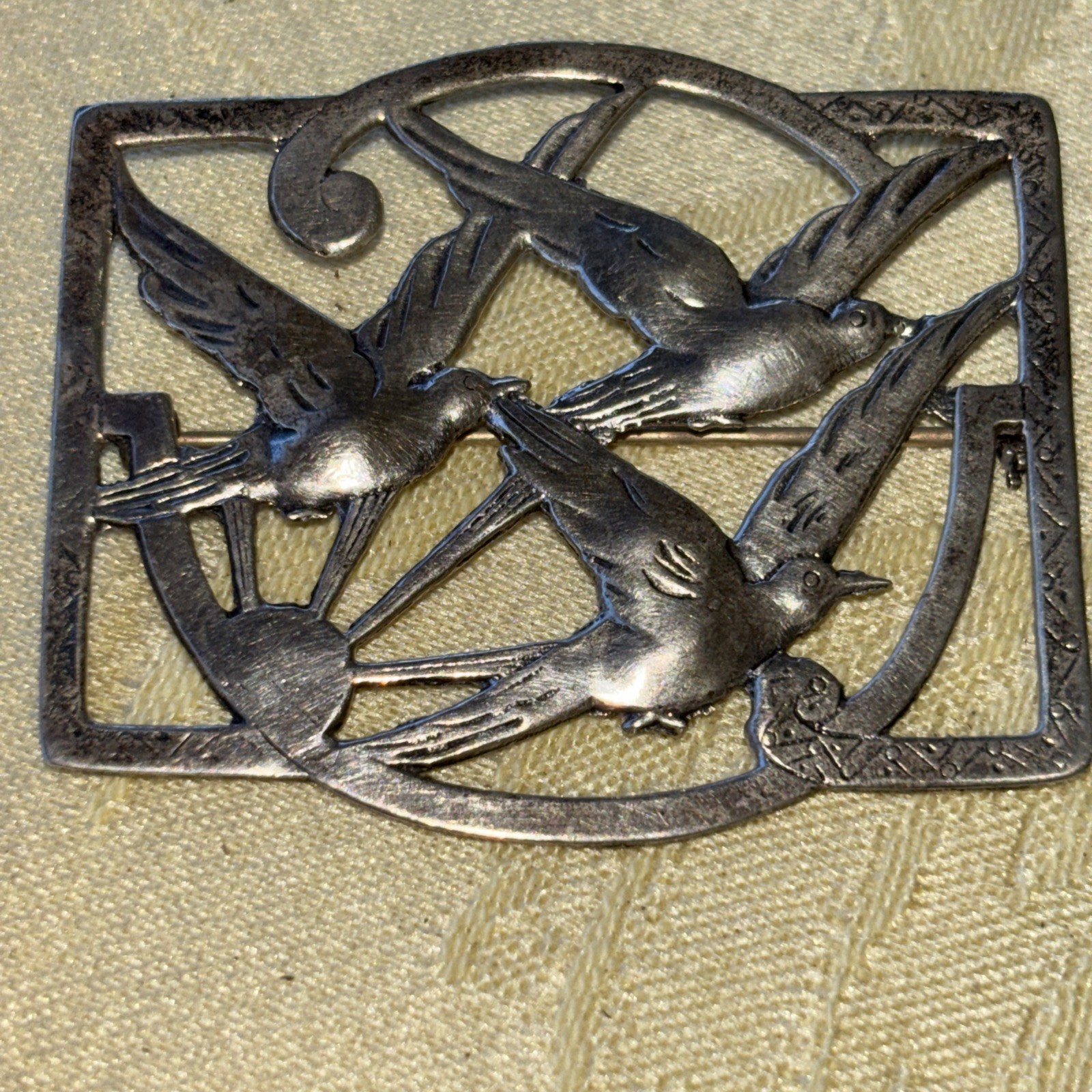 NORSELAND CORO(?) Silver Vintage Antique 3 Birds Brooch Pin Unmarked 2 1/4”x 2”