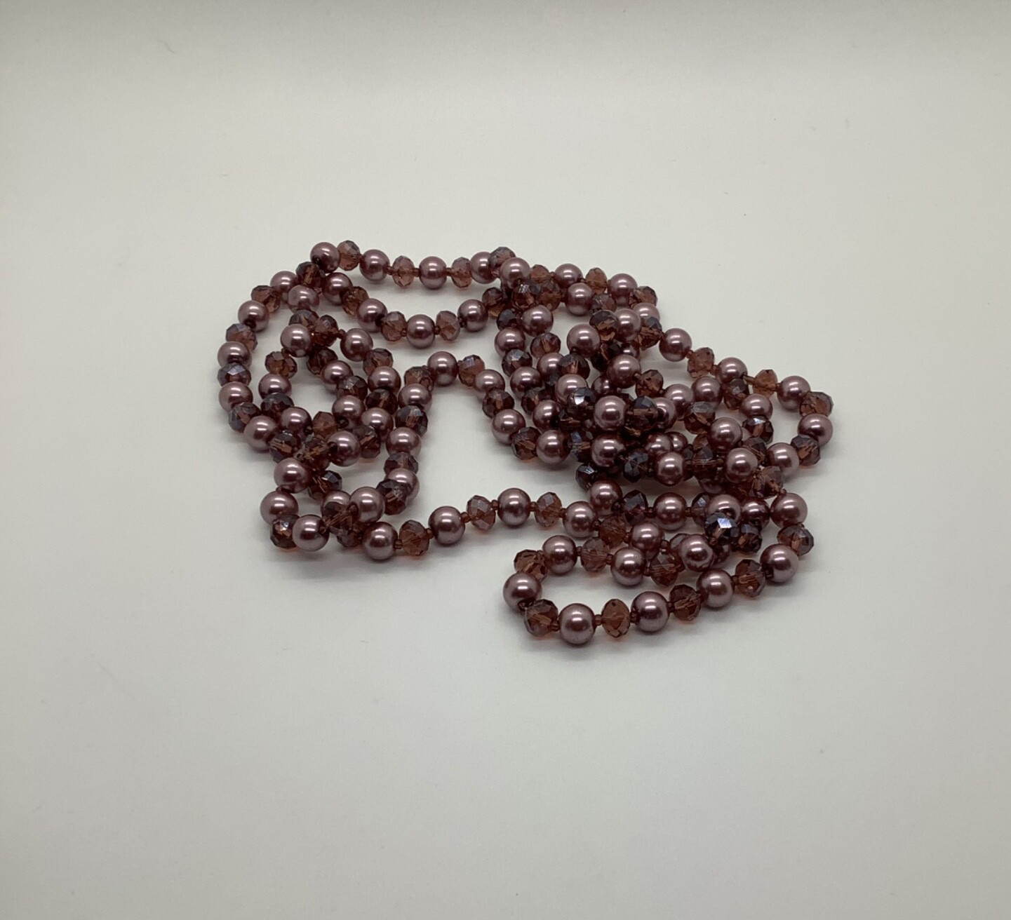 Vtg AB Smoky Lavender Purple Bead & Faux Pearl 59” Flapper Necklace Long