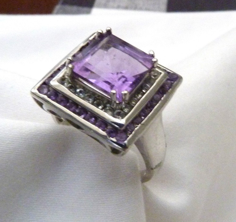 DESIGNER TC 5.62 ASSCHER AMETHYST HALO WHITE ZIRCON STERLING SILVER RING SZ 10