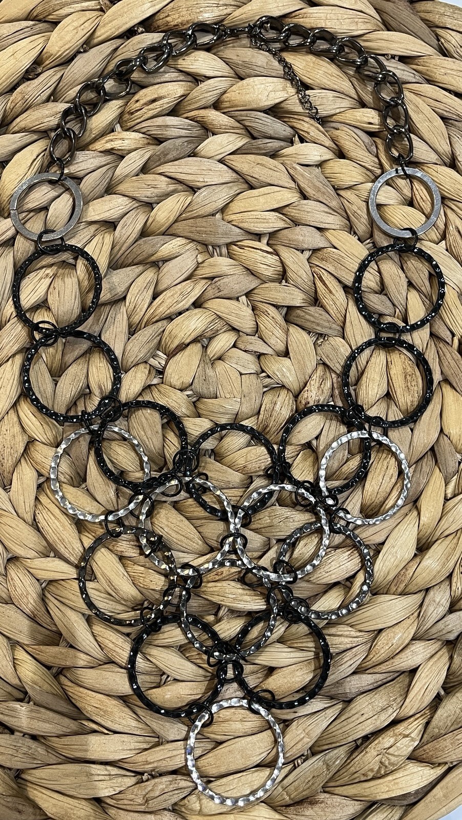 Modernist Hammered Circle Collar Torque Necklace Black Silver Tone Waterfall