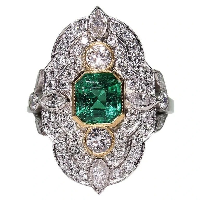 Art Deco Vintage Style Lab Created Emerald Engagement Wedding 925 Silver Ring