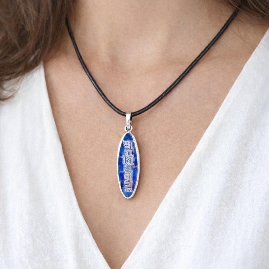 Vintage Sterling Silver Blue Enamel Script Pendant Necklace
