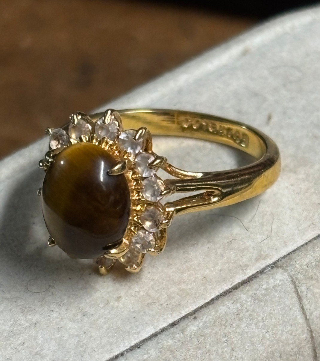 Size 7 TIGERS EYE oval Clear Rhinestone COCKTAIL RING DO 18Kt GE gold plate