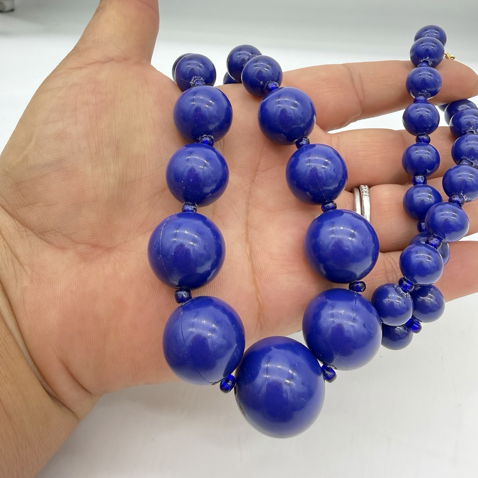 Vintage Lapis Blue Plastic Bead Necklace Large Round Graduated Estate
