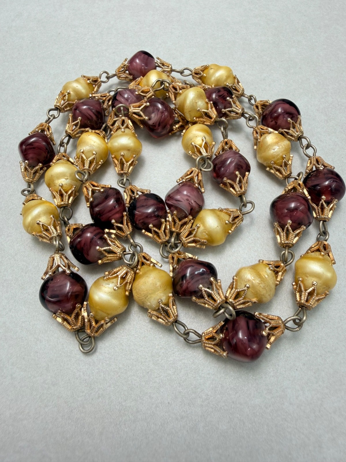 Stunning Amethyst Glass & Baroque Imitation Pearl Necklace Gold Tone 31”