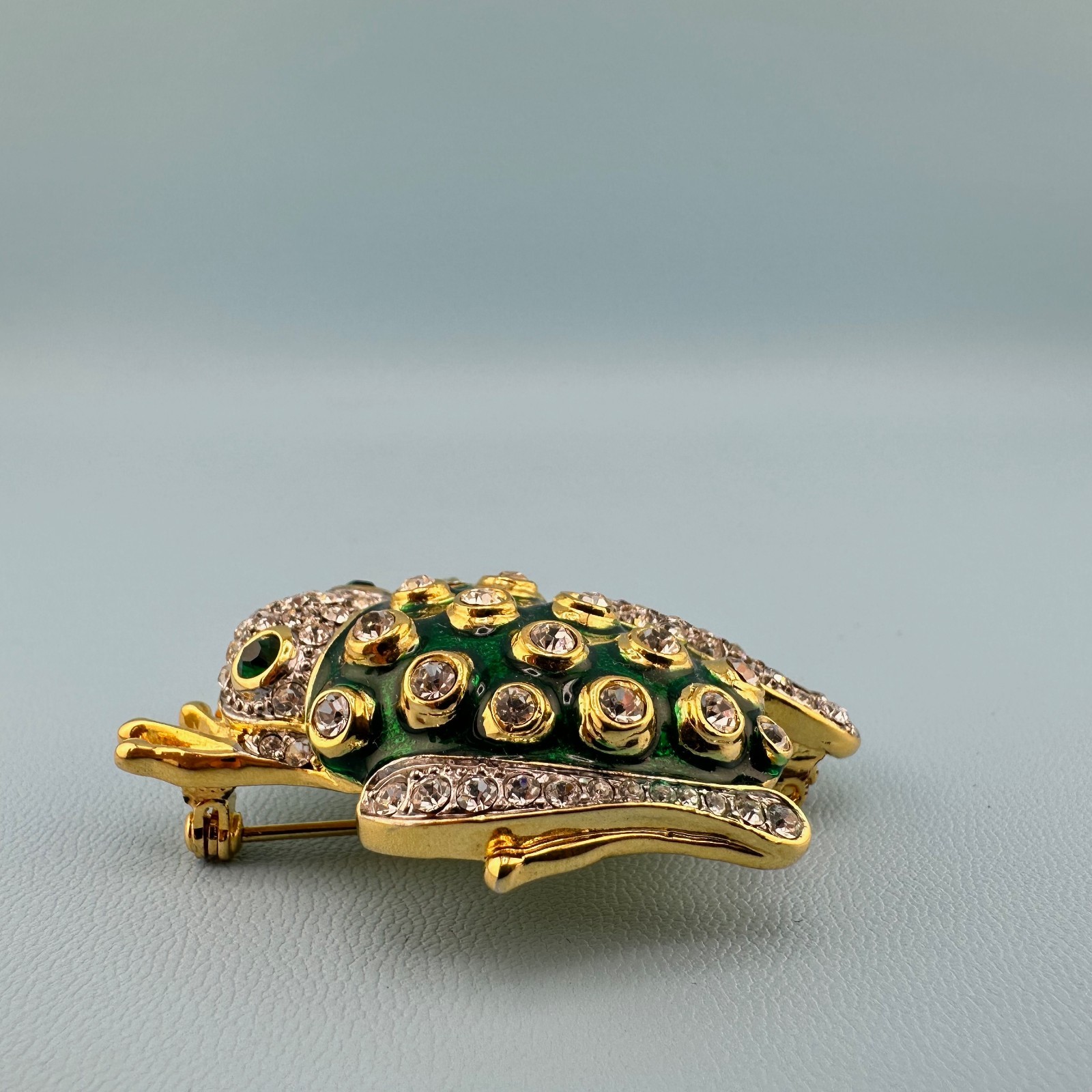 Vintage Rhinestone Green Enamel Frog Brooch Shiny Gold Tone Leap Jump Figural