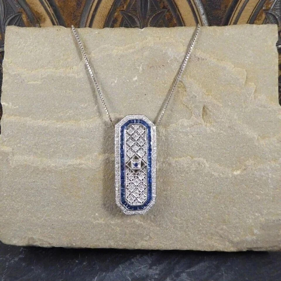 Art Deco Style Lab Created Diamond & Sapphire Wedding 14K White Gold FN Pendant