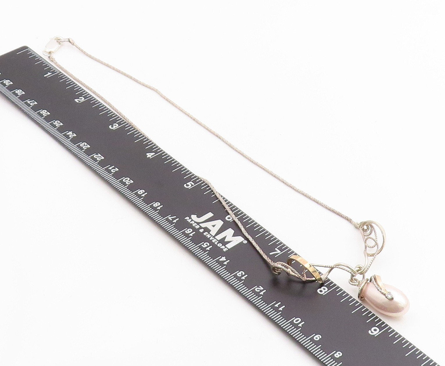 14k Gold & 925 Sterling Silver Vintage Necklace Elegant Pearl & CZ Drop NE4861