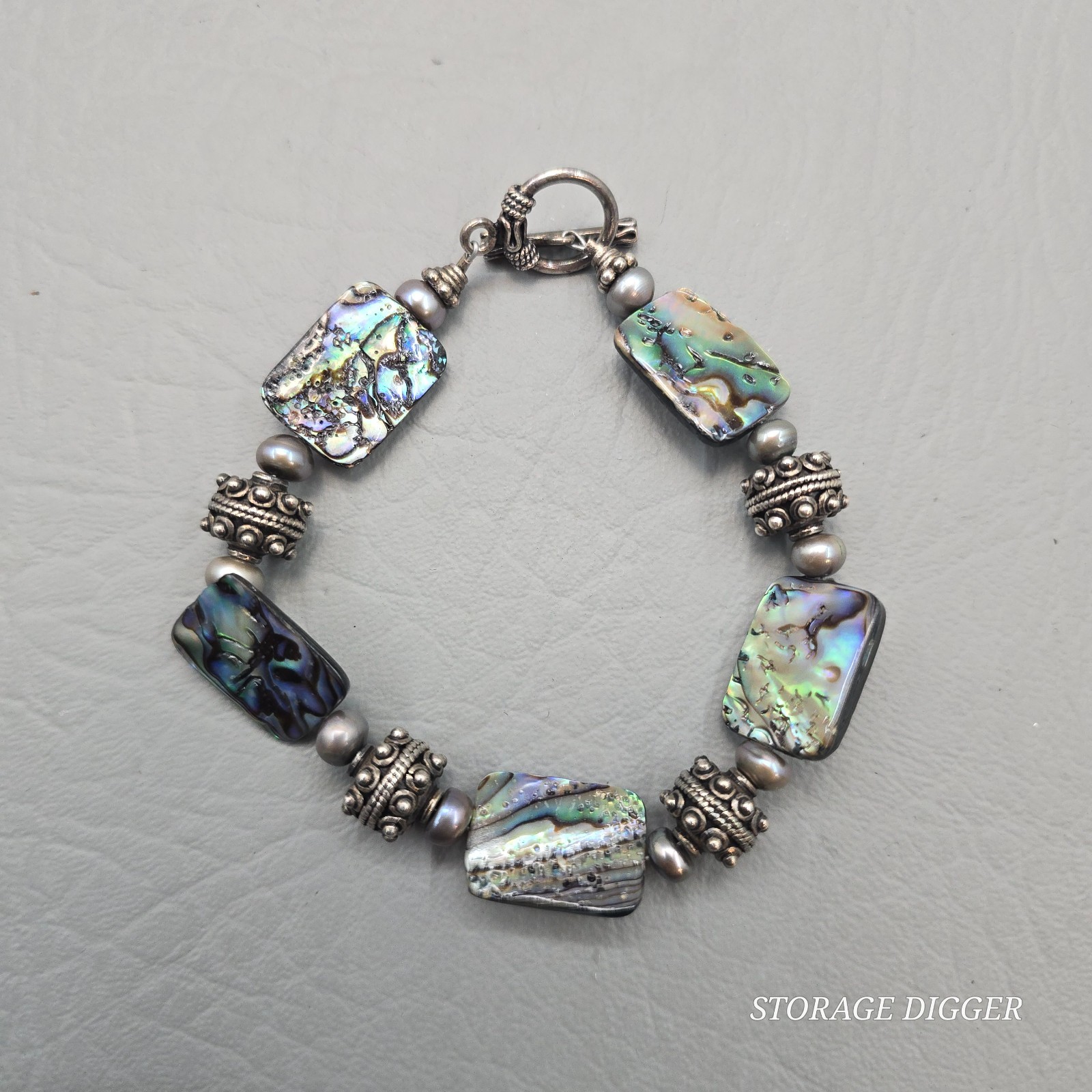 VTG Rectangle Abalones & Silver Tone Beaded Bracelet 8.75″ Long, Toggle Closure