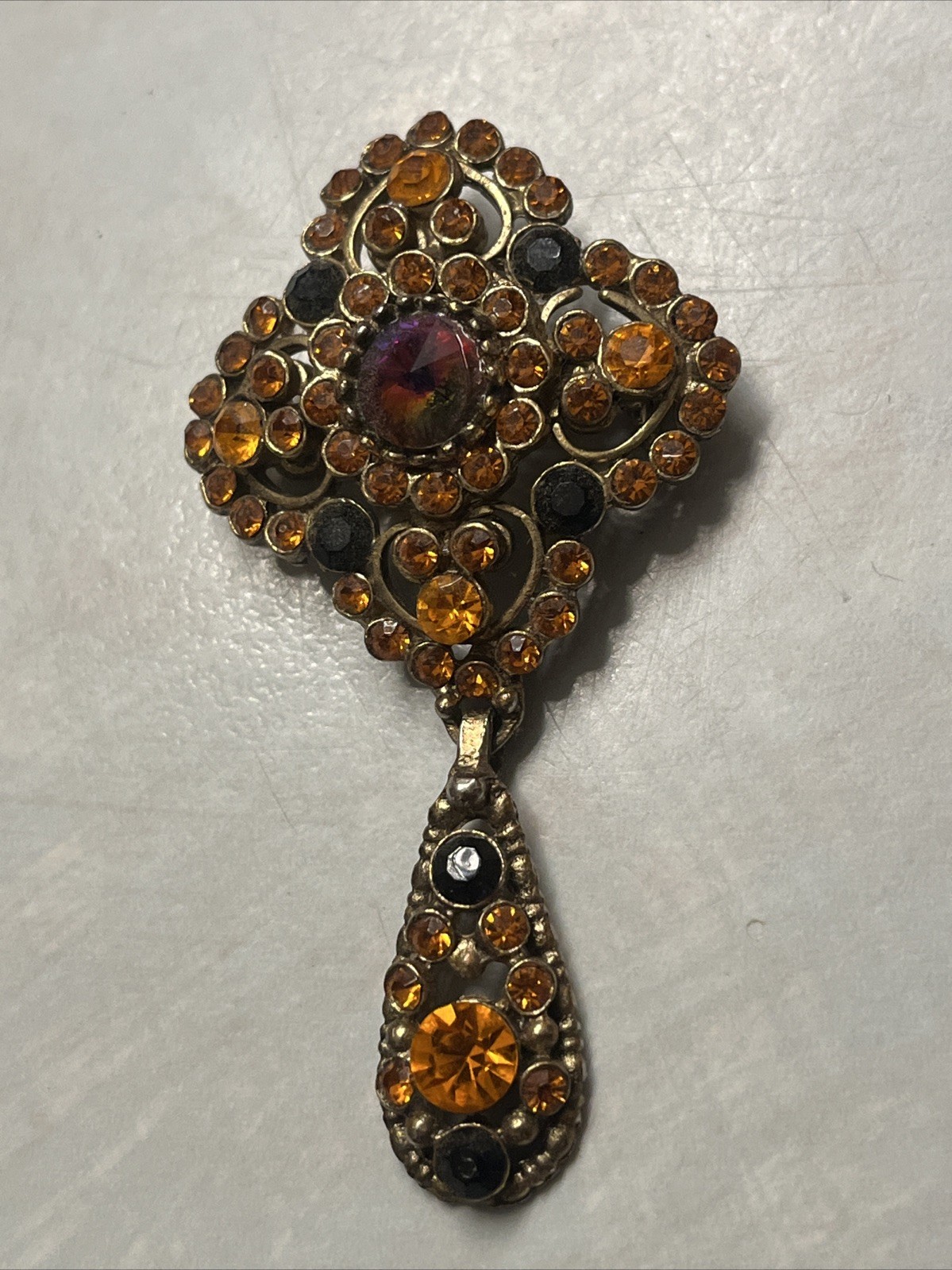 EDLEE VINTAGE RED ORANGE CRYSTAL RHINESTONE DOMED BROOCH 1940s 1950s