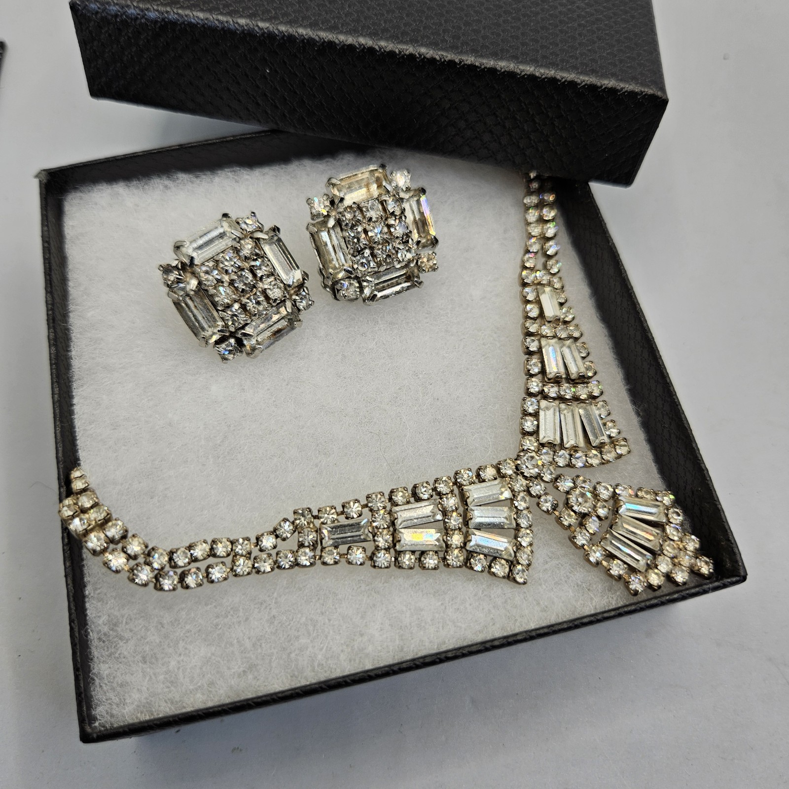 Vintage Art Deco Rhinestone Necklace Earrings Set Clear Baguette Pave Lot 15″