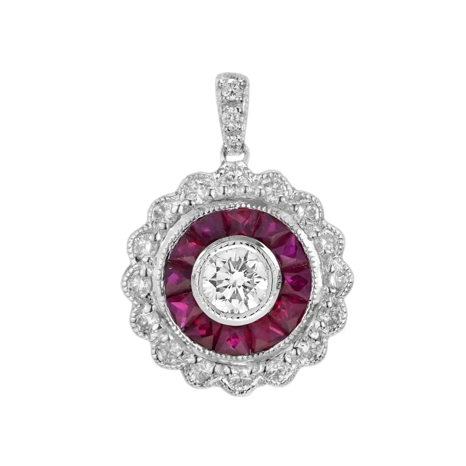 2Ct Art Deco Style Lab-Created Diamond & Ruby Wedding 14K White Gold FN Pendant