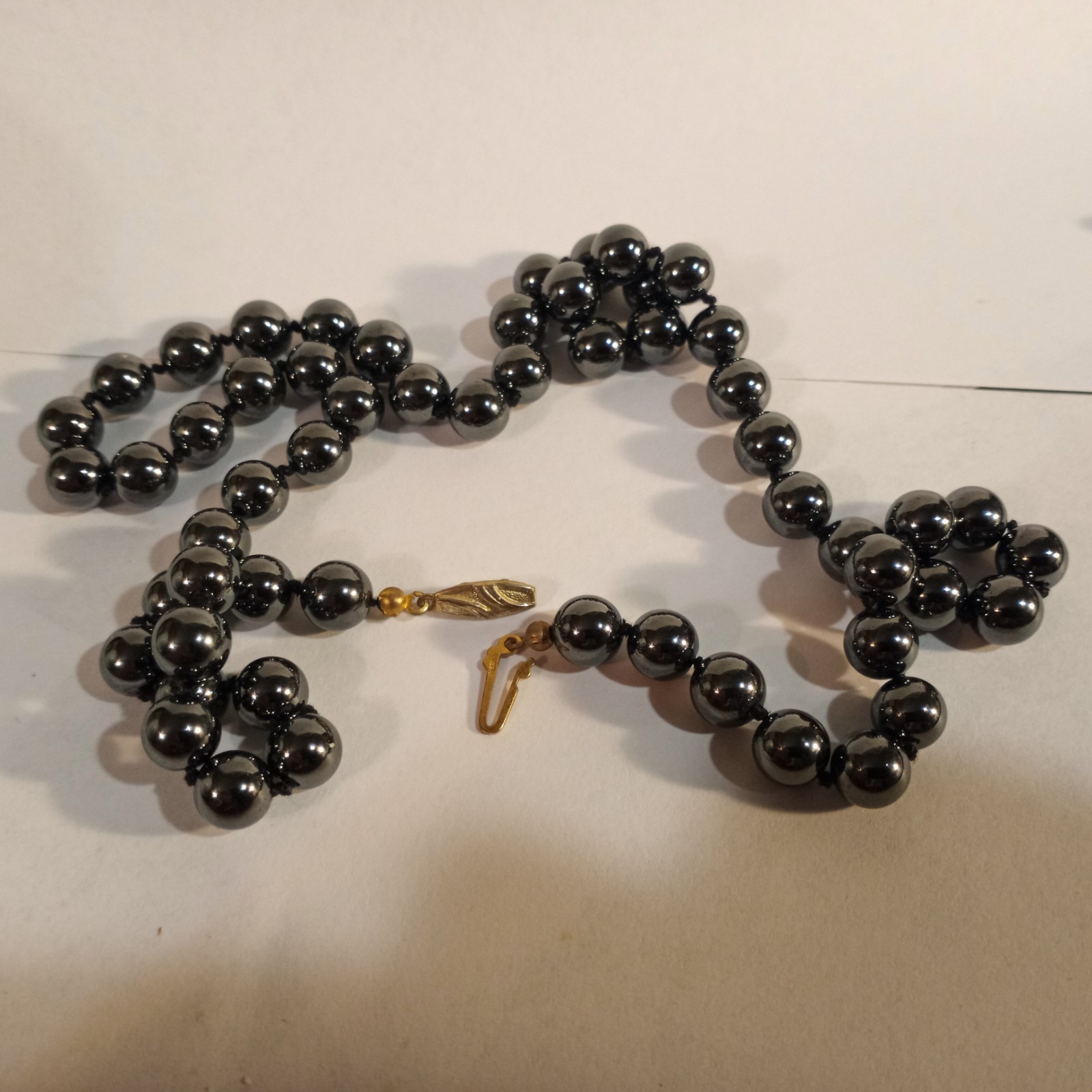 Rich Hematite Beaded Necklace Gilt Sterling Silver Clasp 22 inches Germany