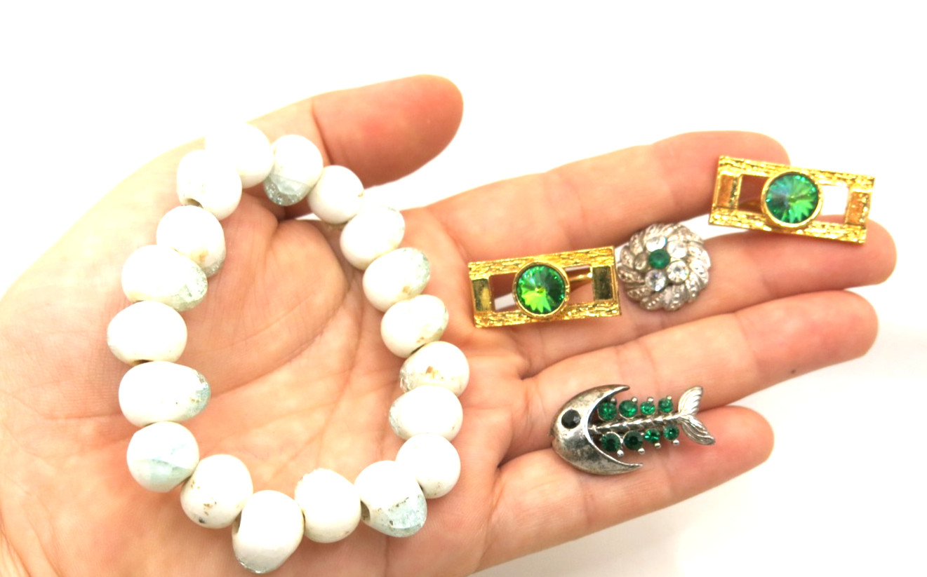 VTG Jewelry Set Lot 20pcs Pendant Brooch bracelet Cufflinks Ring Green gemstones