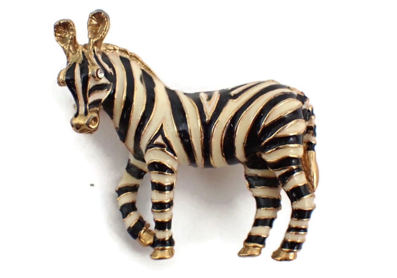 Vintage Costume Enameled Black & White Zebra Brooch African Safari Animals