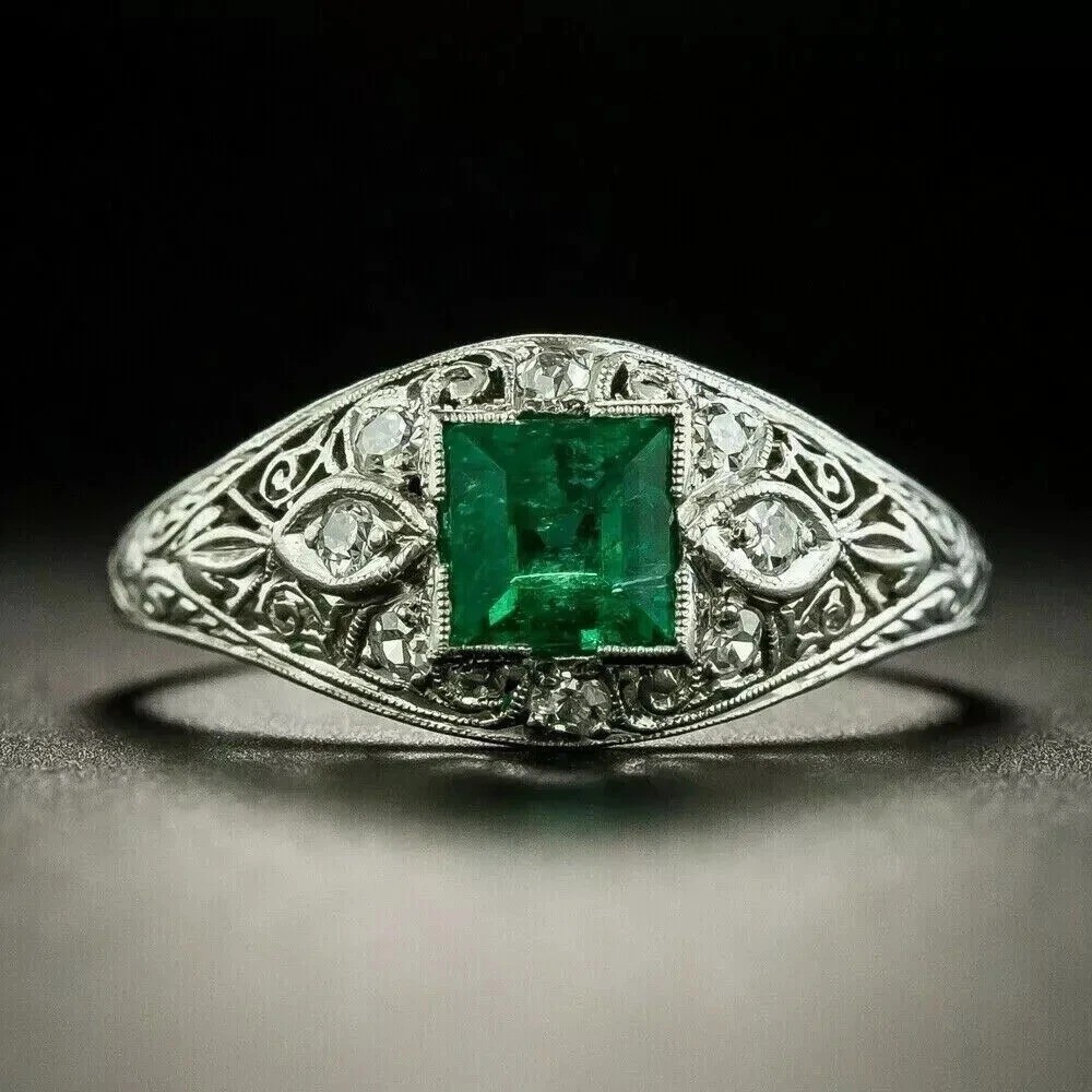 2.78Ct Art Deco Style Lab Created Emerald Anniversary Wedding 925 Silver Ring