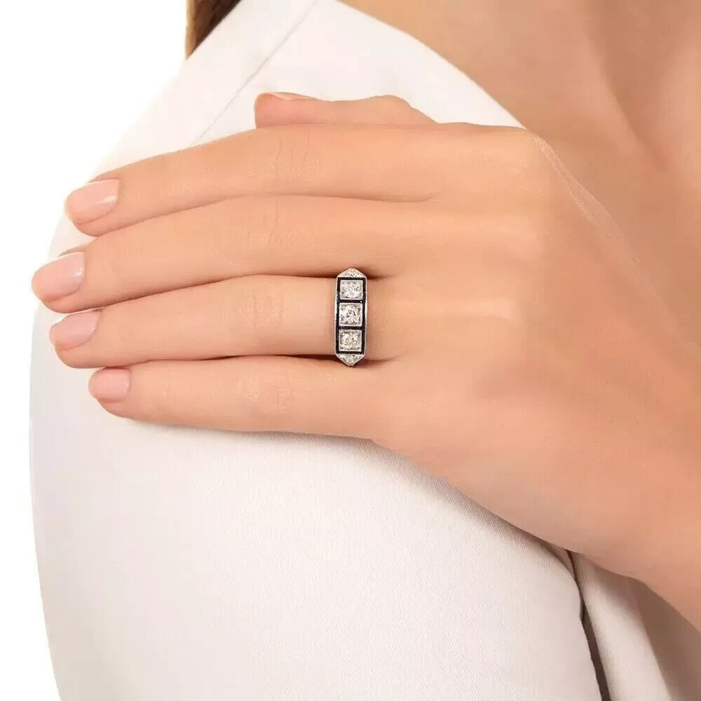 Art Deco Lab Created Diamond Sapphire Three-Stone 14K White Gold FN Wedding Ring