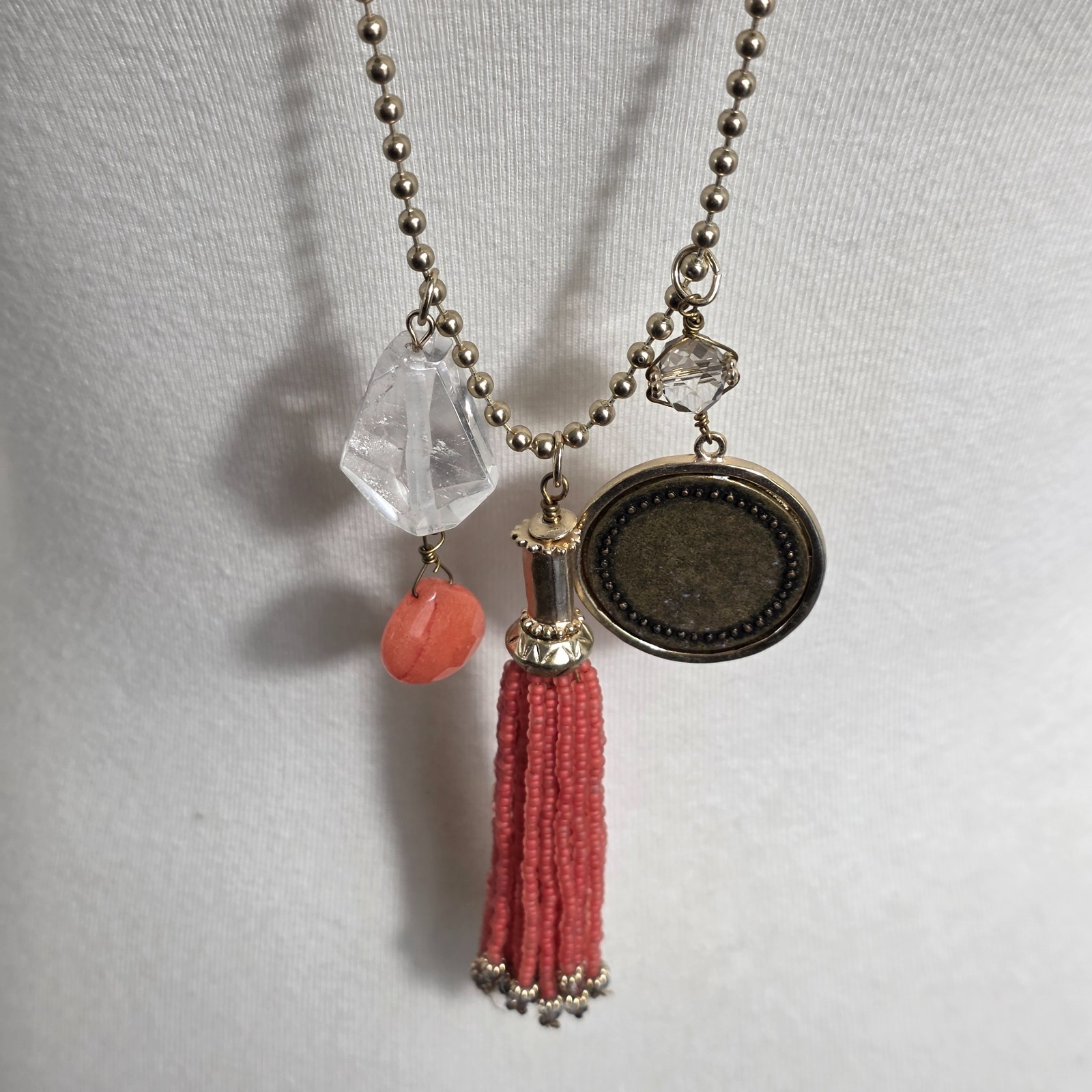 Chico’s Beaded Tassel Necklace Gold Tone Dog Tag Ball Chain Beads & Medallion