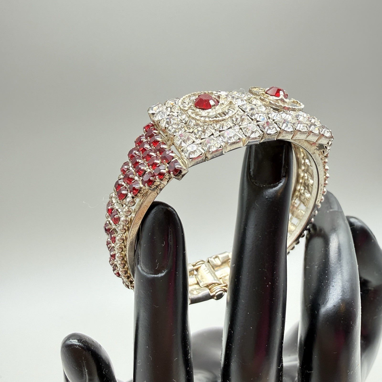 Vintage Red & Clear Rhinestone Hinged Cuff Bracelet Unmarked Red Bracelet