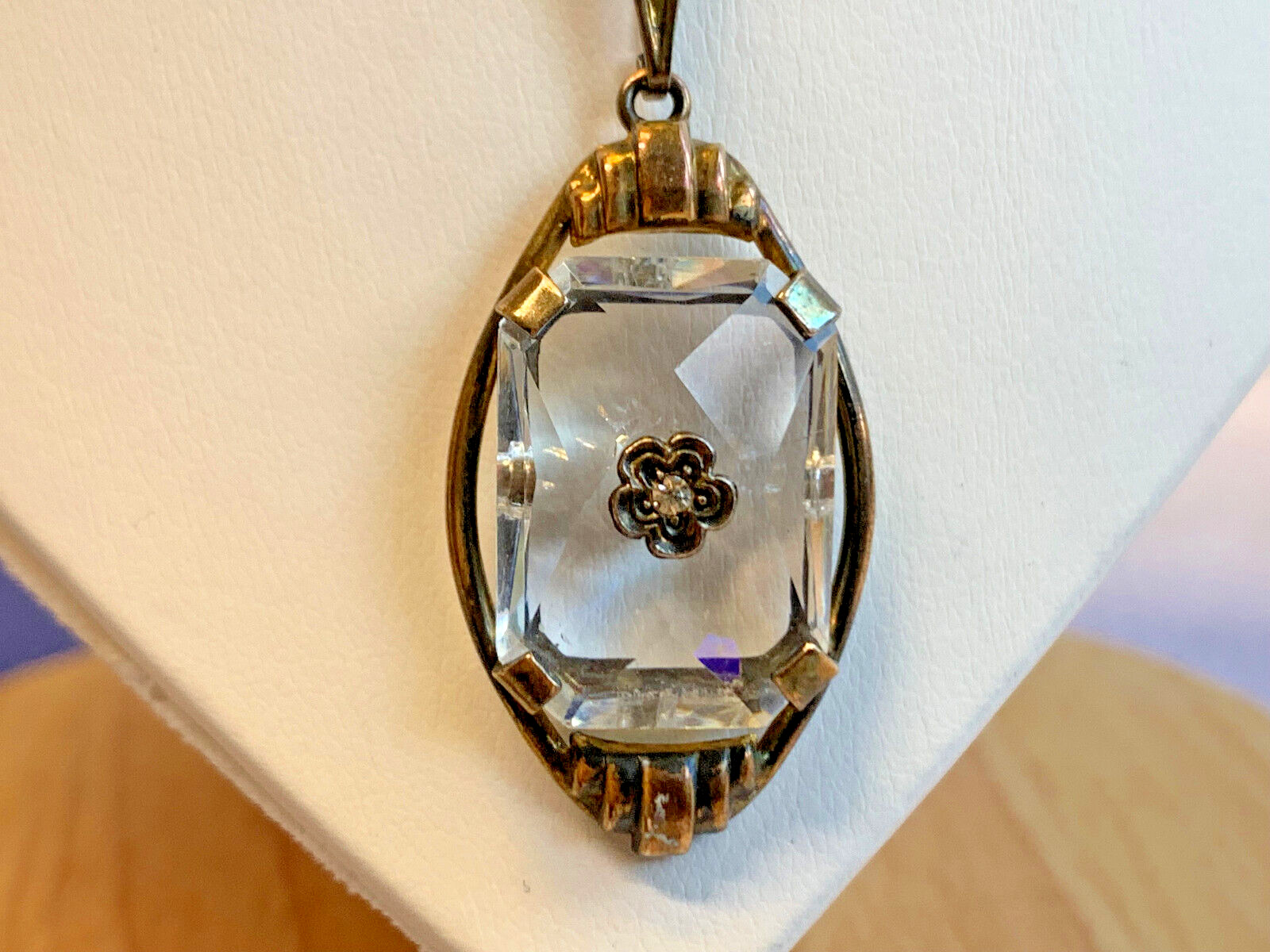Vtg Gold Filled Necklace 18″ Jewelry Cable Chain Clear Stone Pendant
