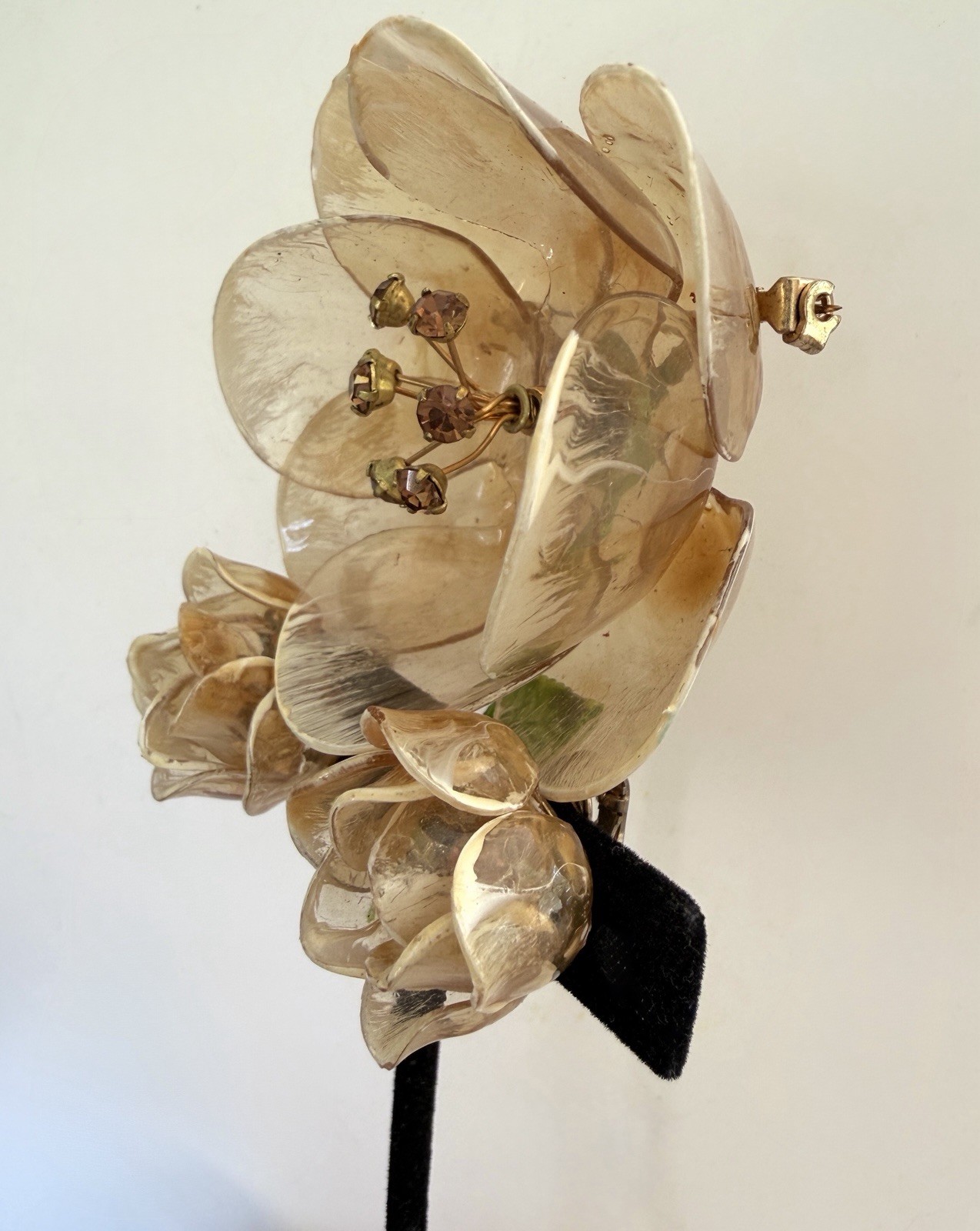 Cellulose Acetate Rhinestone Flower Brooch Earring Set Amber Demi Parure 50s Lot