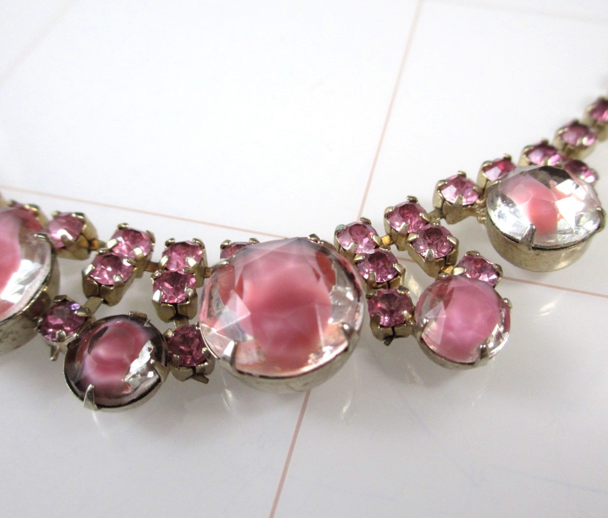 Vintage Pink Rhinestone Choker Necklace Mid Century Statement