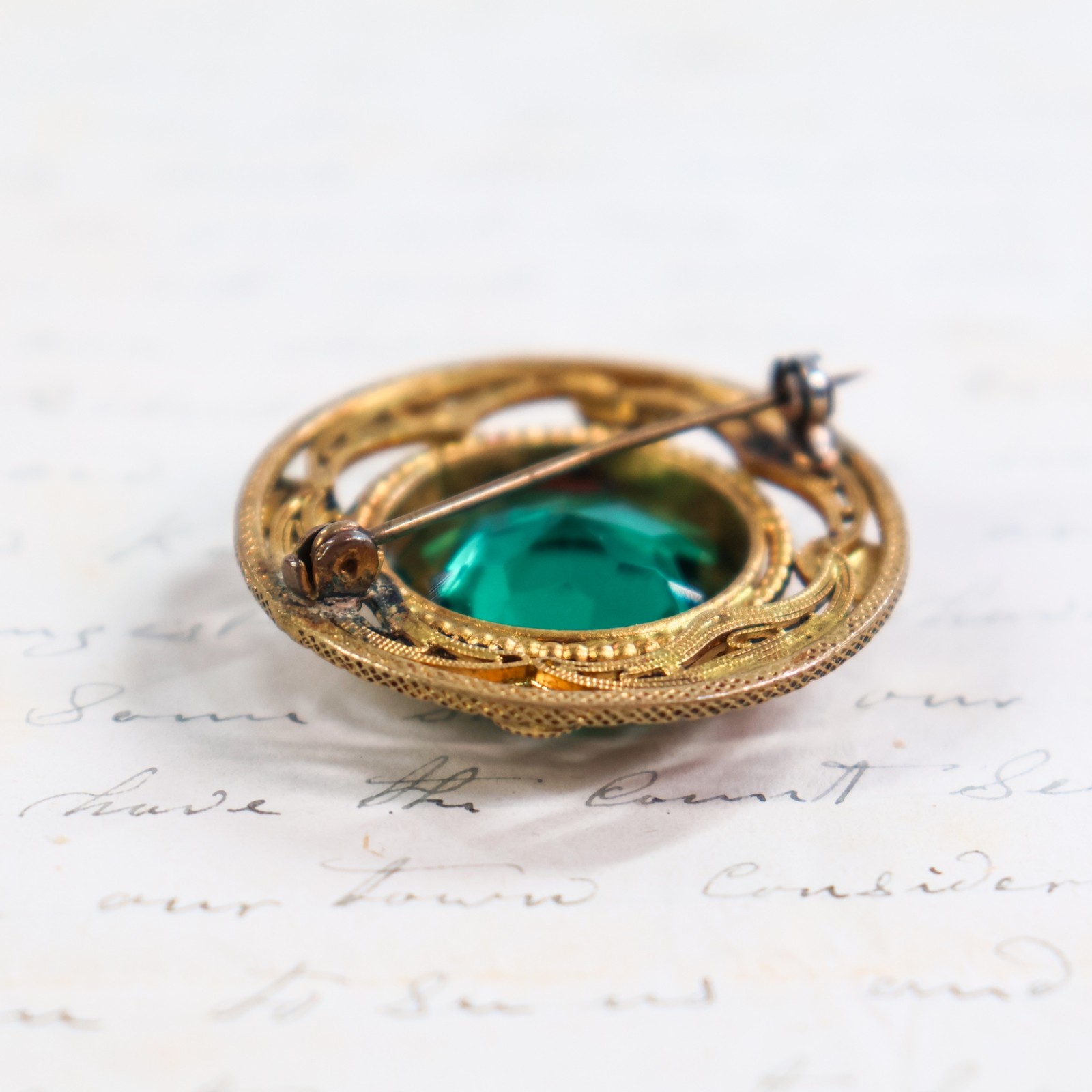 Antique Bohemian Czech Faceted Glass Emerald Green Brooch Pin Gorgeous Round