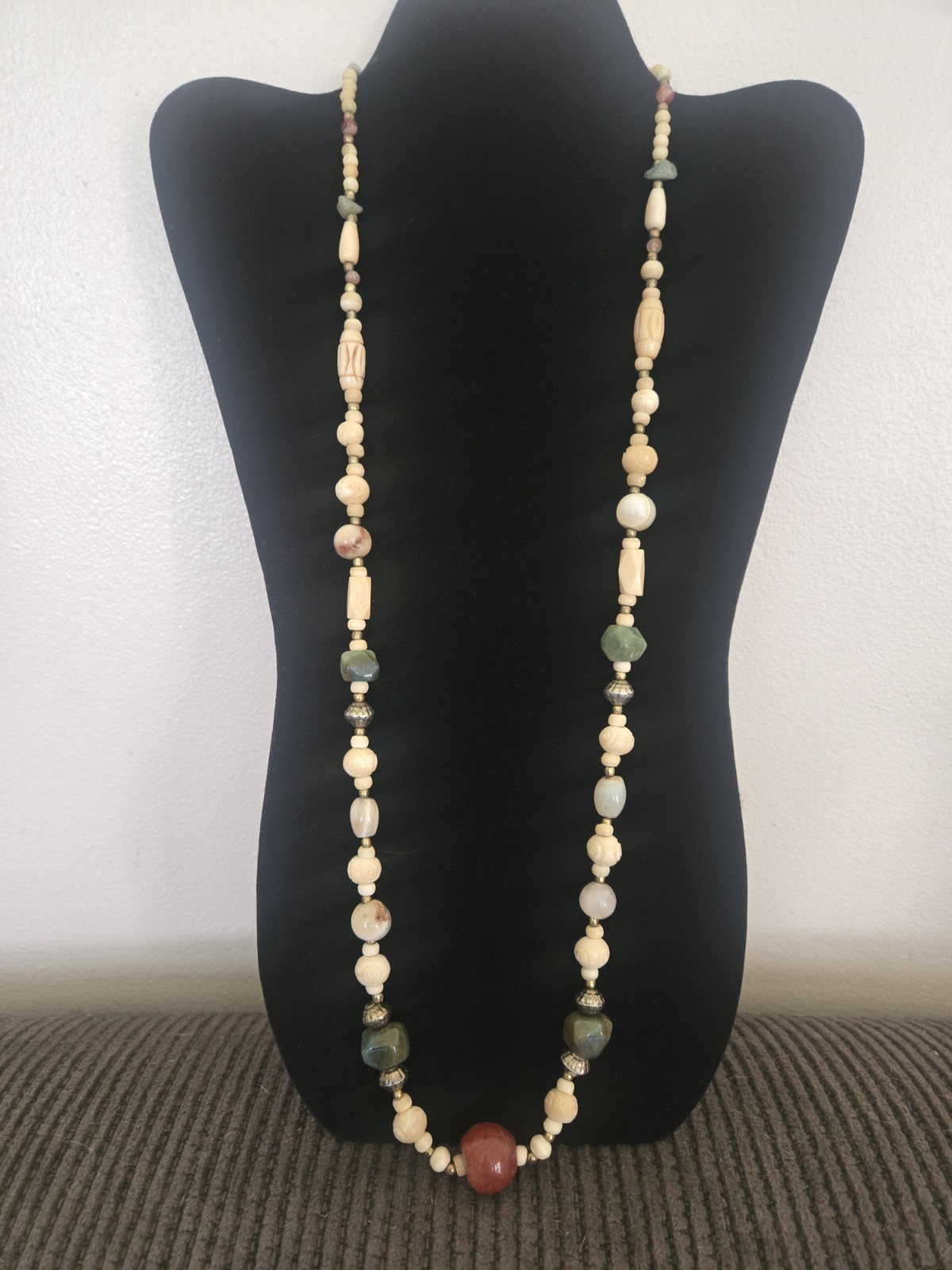 Vintage Stone And Carved Bovine Bone Beaded Necklace 32″