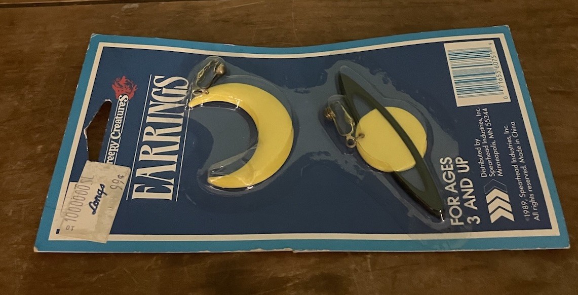Creepy Creatures Yellow Moon And Planets Dangle Earrings Vintage 1989 NIP
